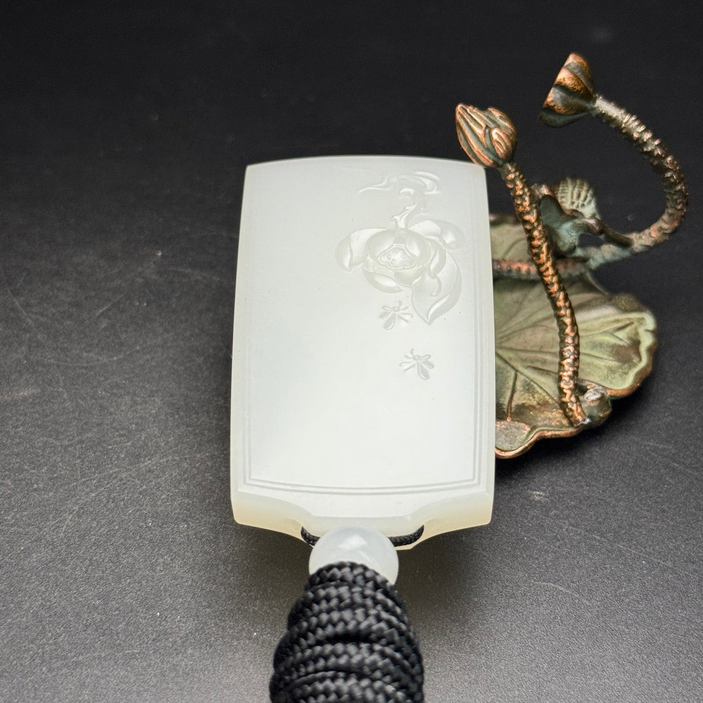 A2190 Chinese Natural Hetian Jade Low Relief Lotus Flower Pendant