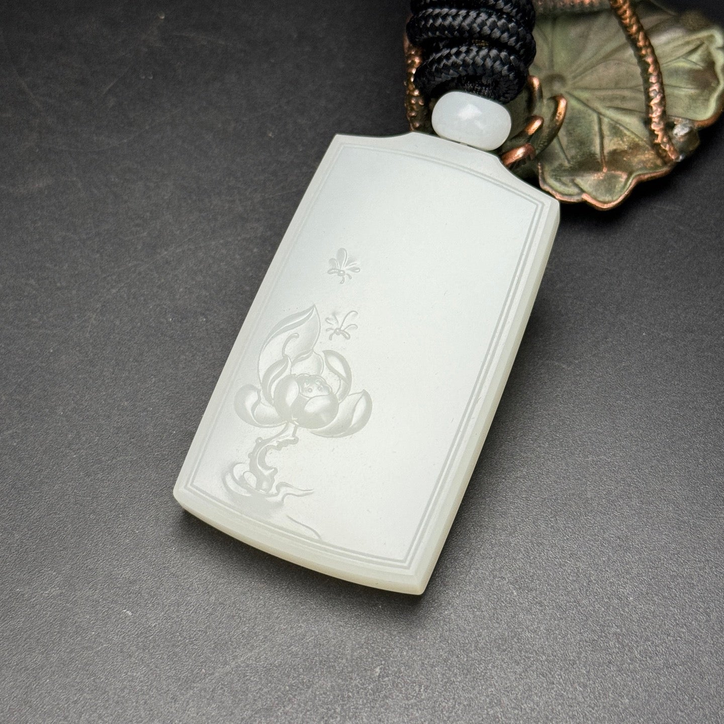A2190 Chinese Natural Hetian Jade Low Relief Lotus Flower Pendant