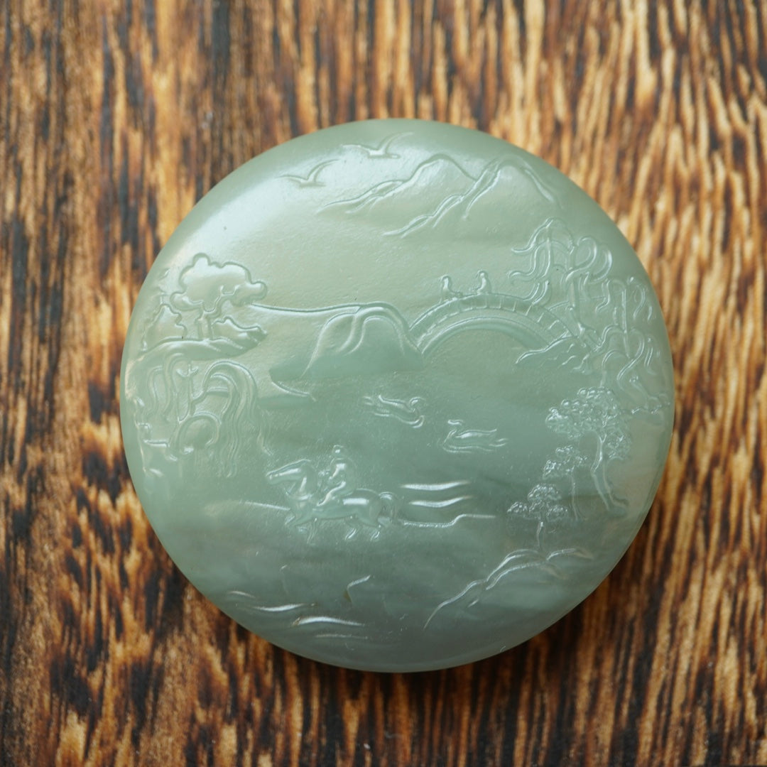 A2195 Chinese Natural Hetian Jade Low Relief Triumphant Return Home Pendant w Hand Woven Necklace
