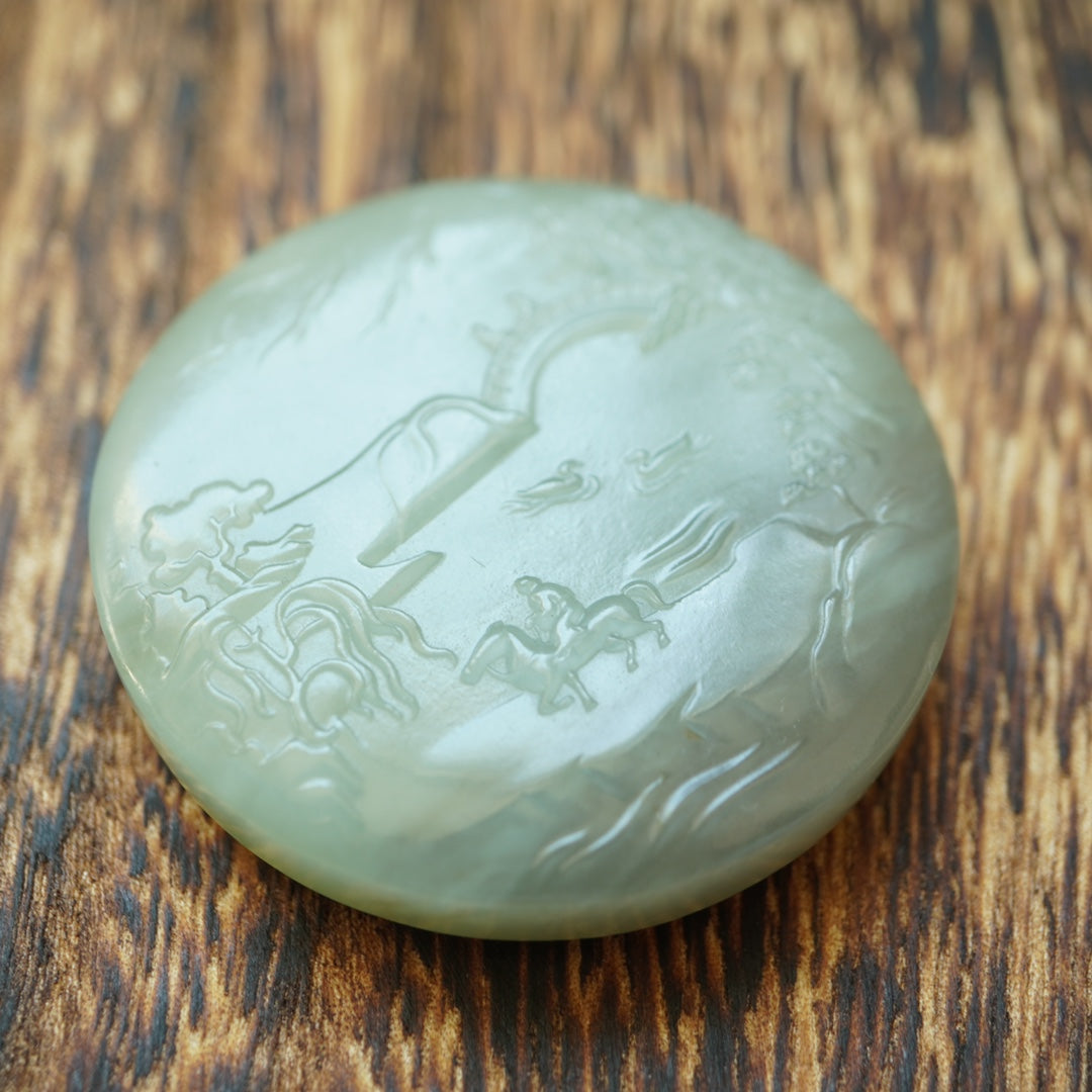 A2195 Chinese Natural Hetian Jade Low Relief Triumphant Return Home Pendant w Hand Woven Necklace