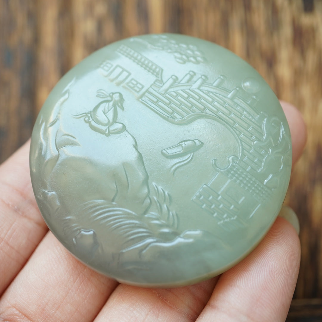 A2195 Chinese Natural Hetian Jade Low Relief Triumphant Return Home Pendant w Hand Woven Necklace