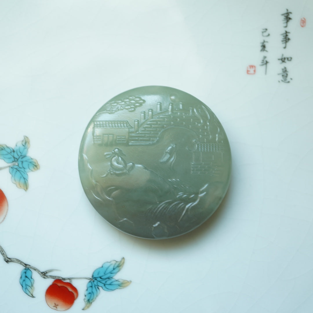 A2195 Chinese Natural Hetian Jade Low Relief Triumphant Return Home Pendant w Hand Woven Necklace