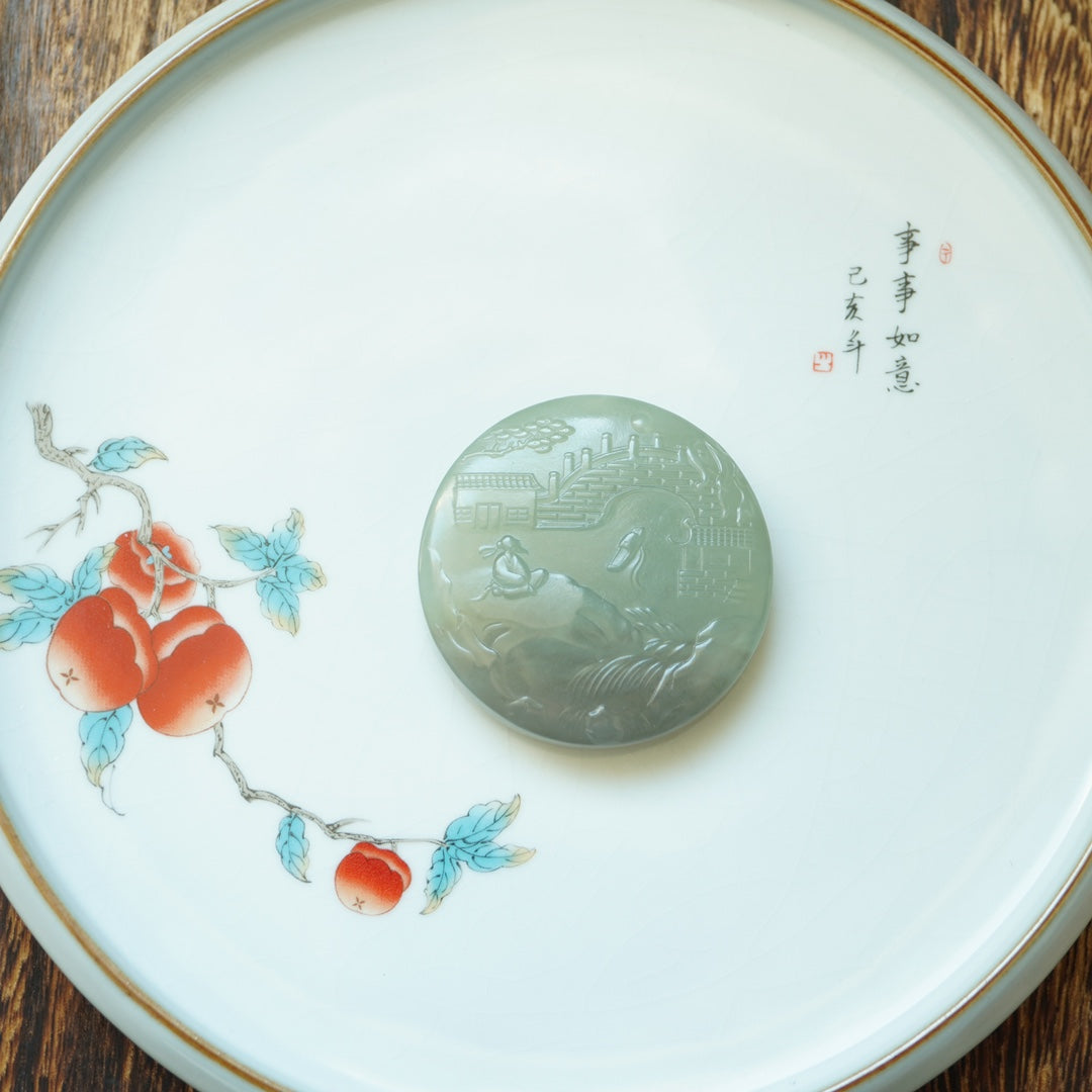 A2195 Chinese Natural Hetian Jade Low Relief Triumphant Return Home Pendant w Hand Woven Necklace