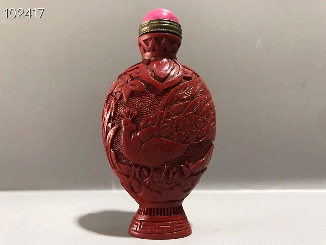 A2199 Chinese Red Lacquerware Low Relief Peacock Design Snuff Bottle