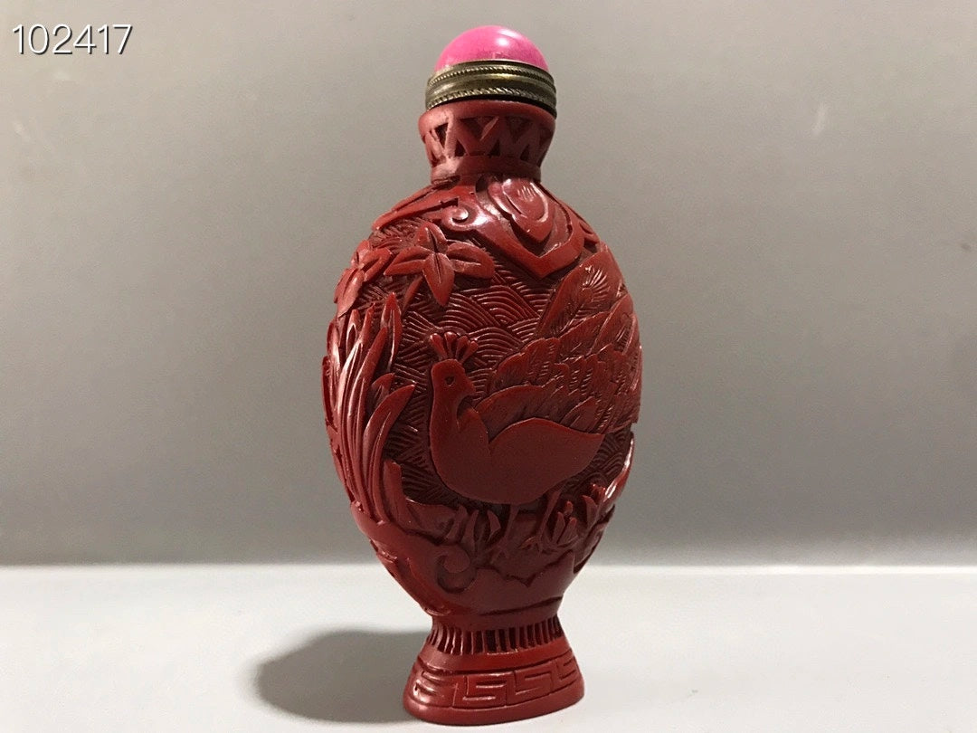 A2199 Chinese Red Lacquerware Low Relief Peacock Design Snuff Bottle