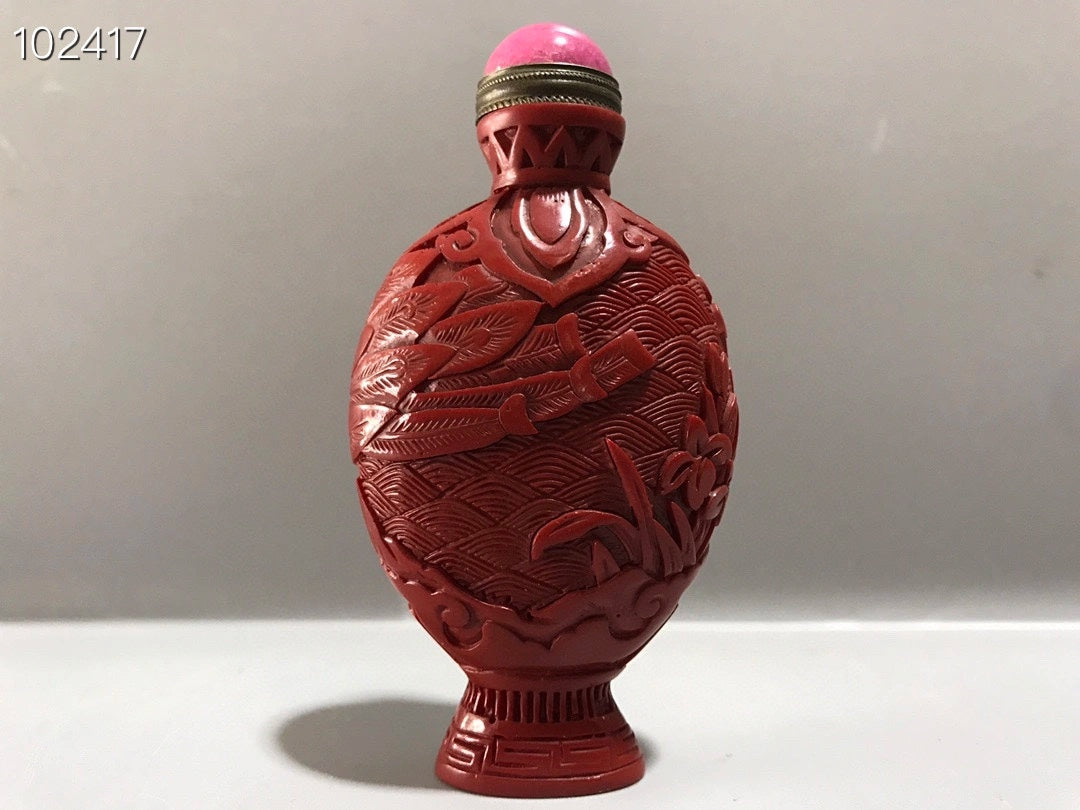 A2199 Chinese Red Lacquerware Low Relief Peacock Design Snuff Bottle