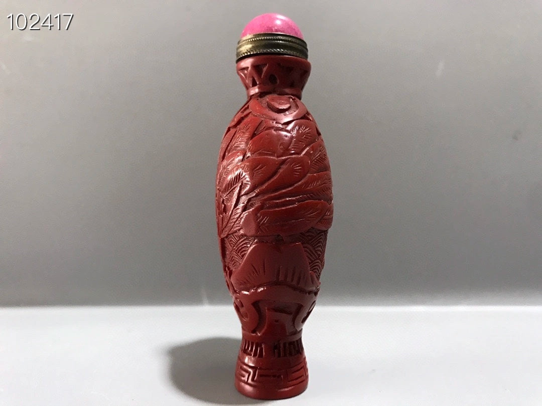 A2199 Chinese Red Lacquerware Low Relief Peacock Design Snuff Bottle