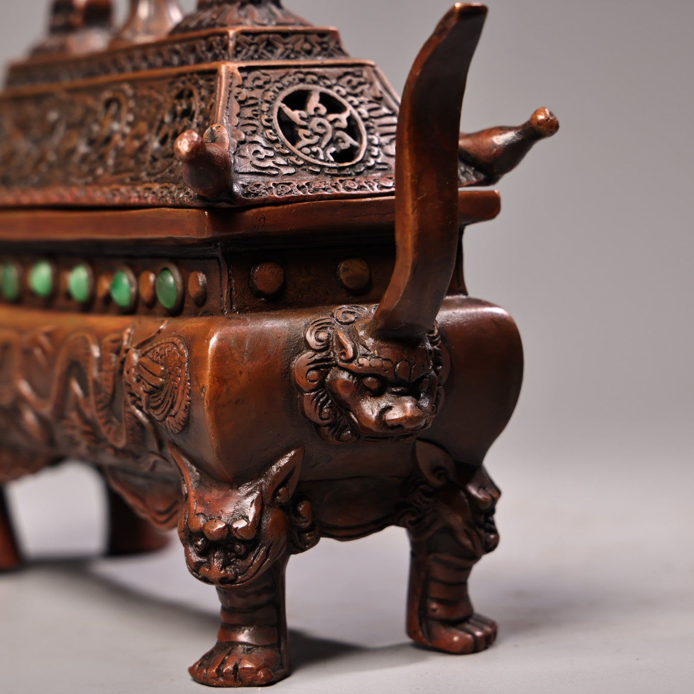 A2200 Vintage Chinese Copper Inlay Gems Double Ear Fortune Dragon Incense Burner