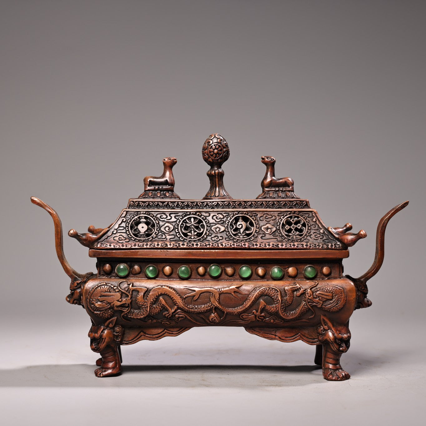 A2200 Vintage Chinese Copper Inlay Gems Double Ear Fortune Dragon Incense Burner