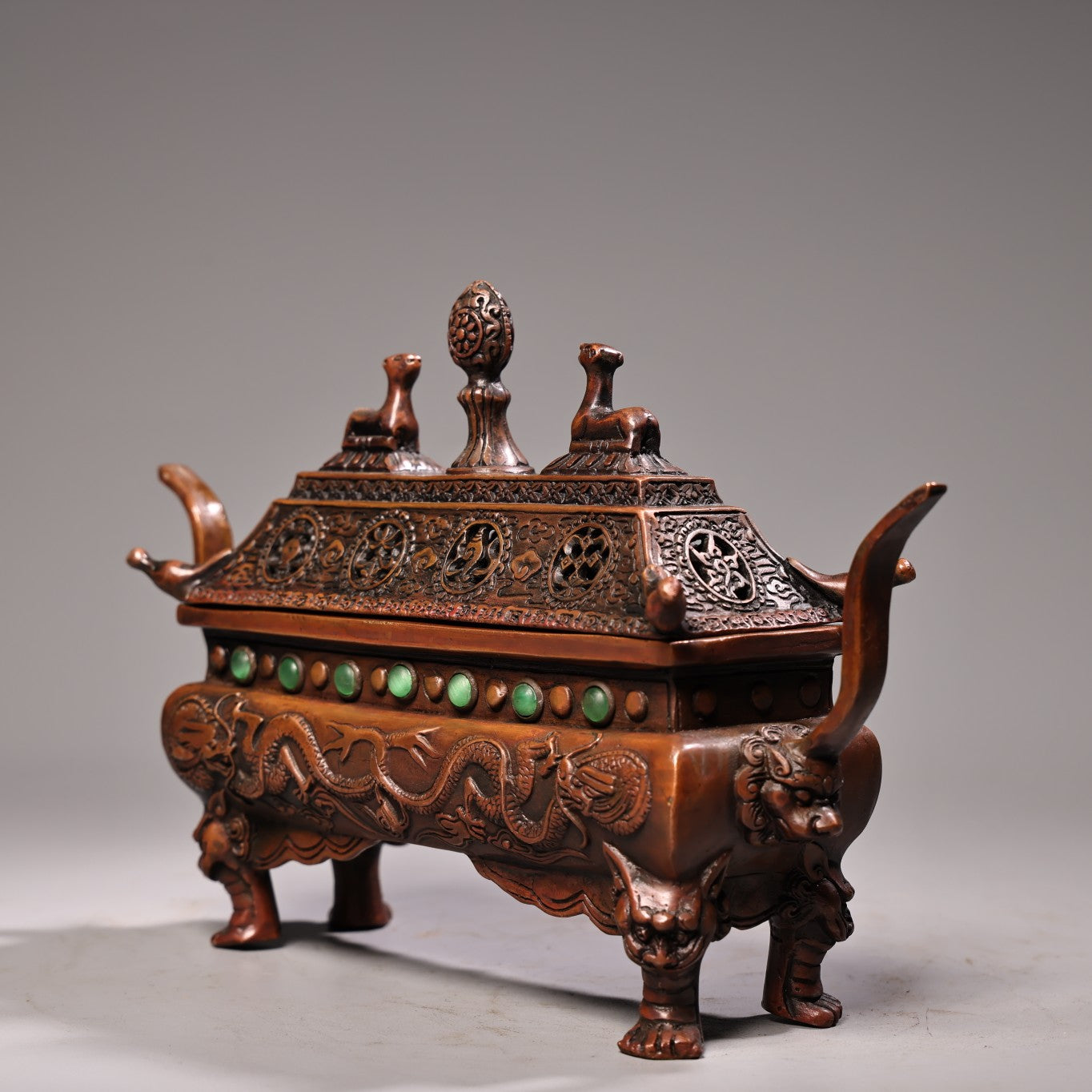 A2200 Vintage Chinese Copper Inlay Gems Double Ear Fortune Dragon Incense Burner