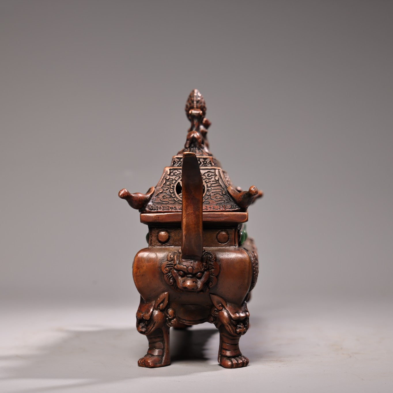 A2200 Vintage Chinese Copper Inlay Gems Double Ear Fortune Dragon Incense Burner