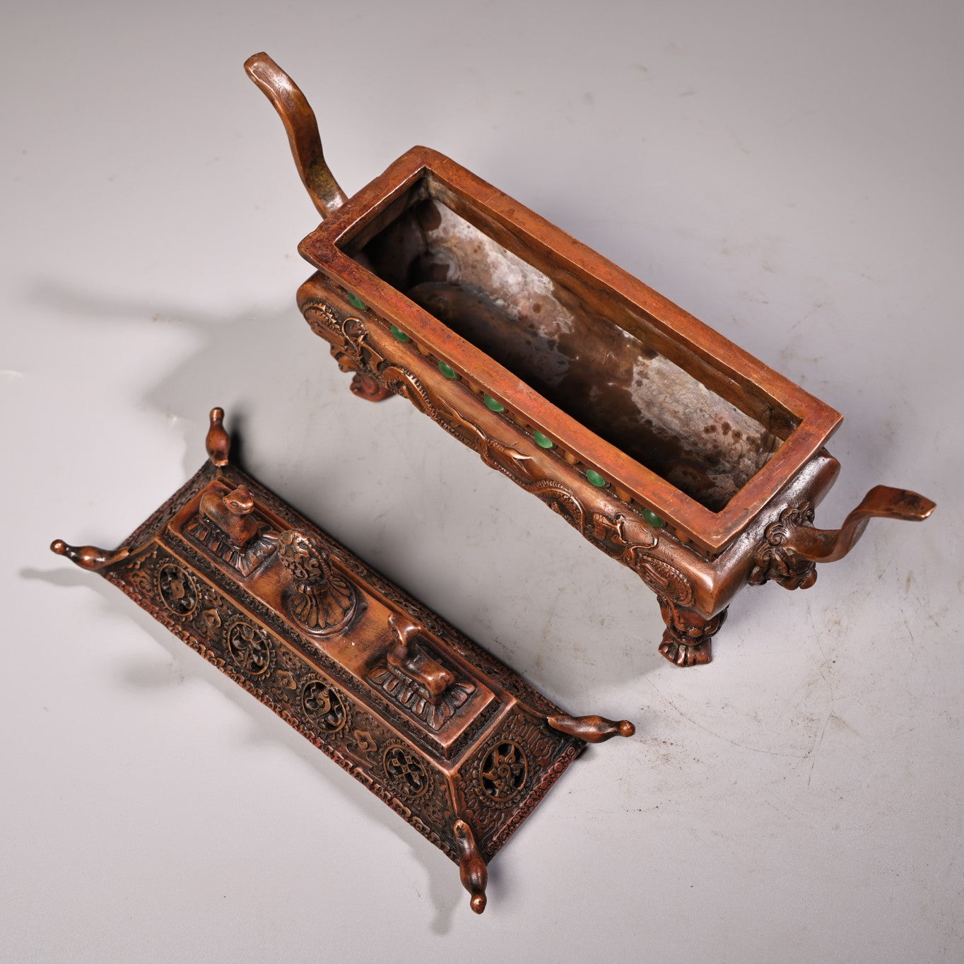 A2200 Vintage Chinese Copper Inlay Gems Double Ear Fortune Dragon Incense Burner