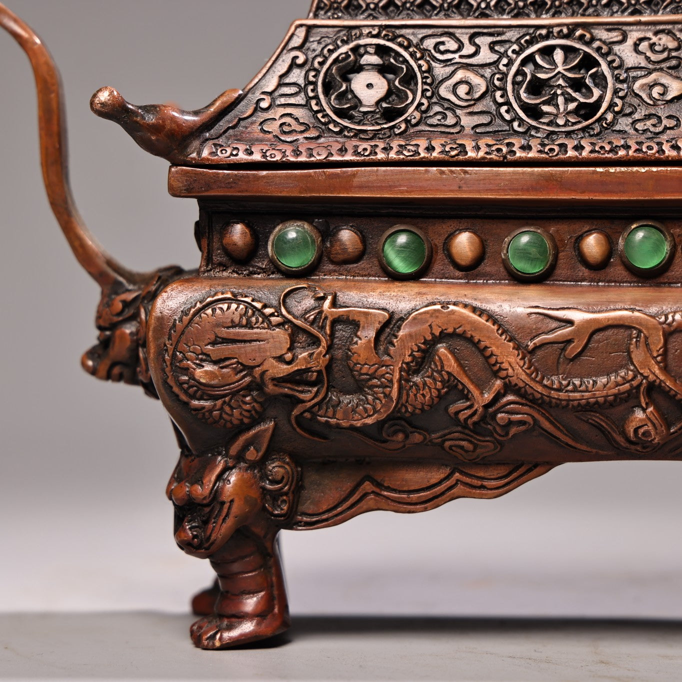 A2200 Vintage Chinese Copper Inlay Gems Double Ear Fortune Dragon Incense Burner