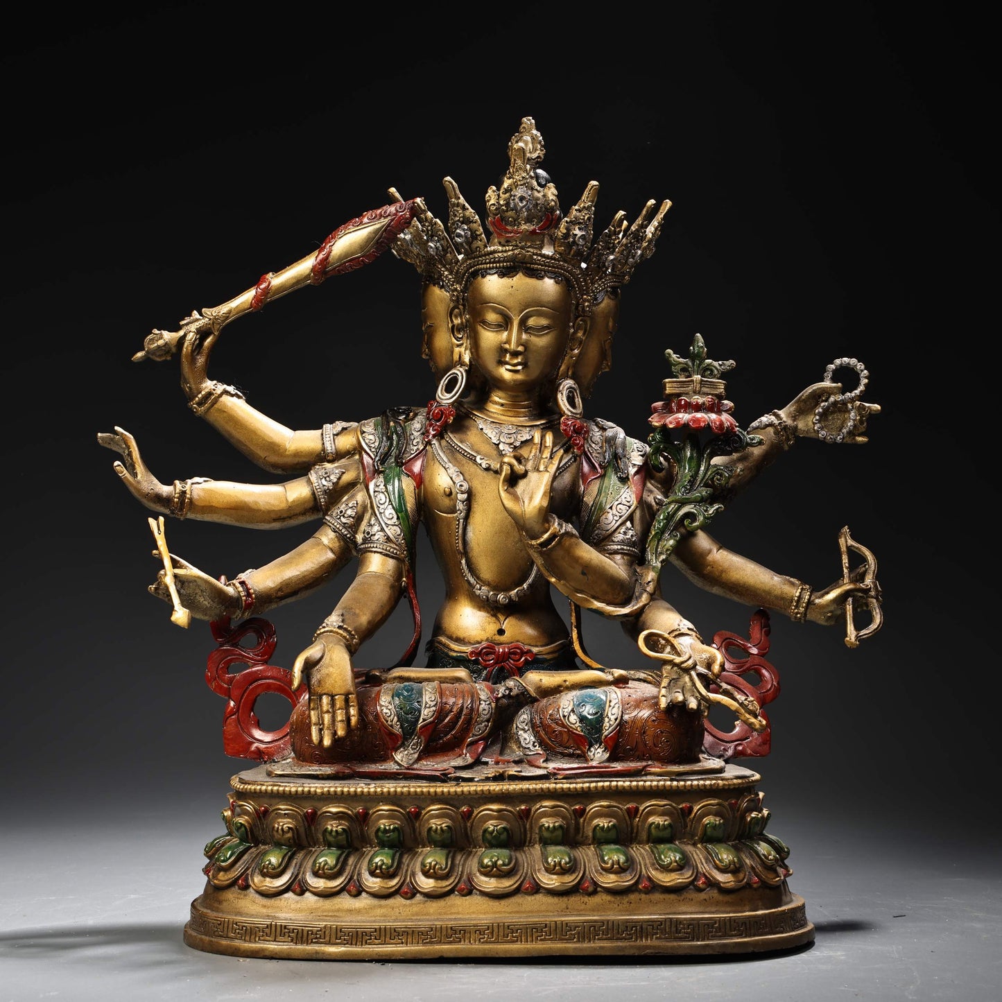 A2204 Tibetan Buddhism Colored Drawing Gilt Gold Copper Six Arm Kwan-yin Statue