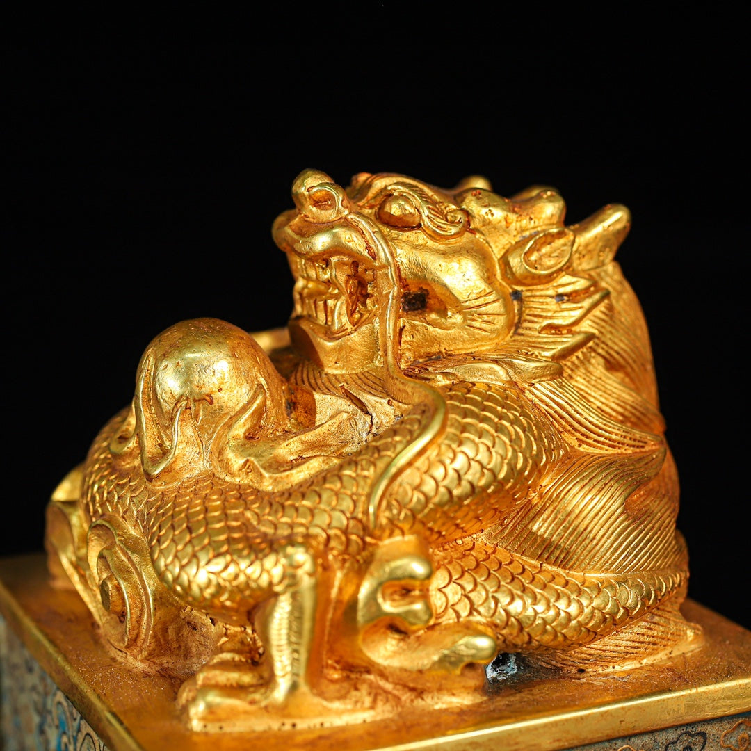 A2207 Vintage Chinese Gilt Gold Copper Cloisonne Fortune Dragon Seal