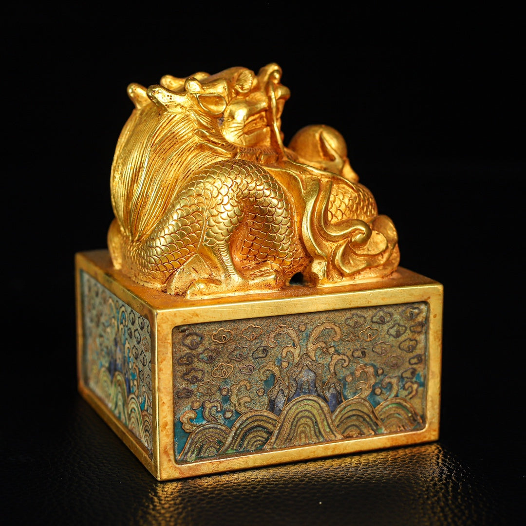 A2207 Vintage Chinese Gilt Gold Copper Cloisonne Fortune Dragon Seal