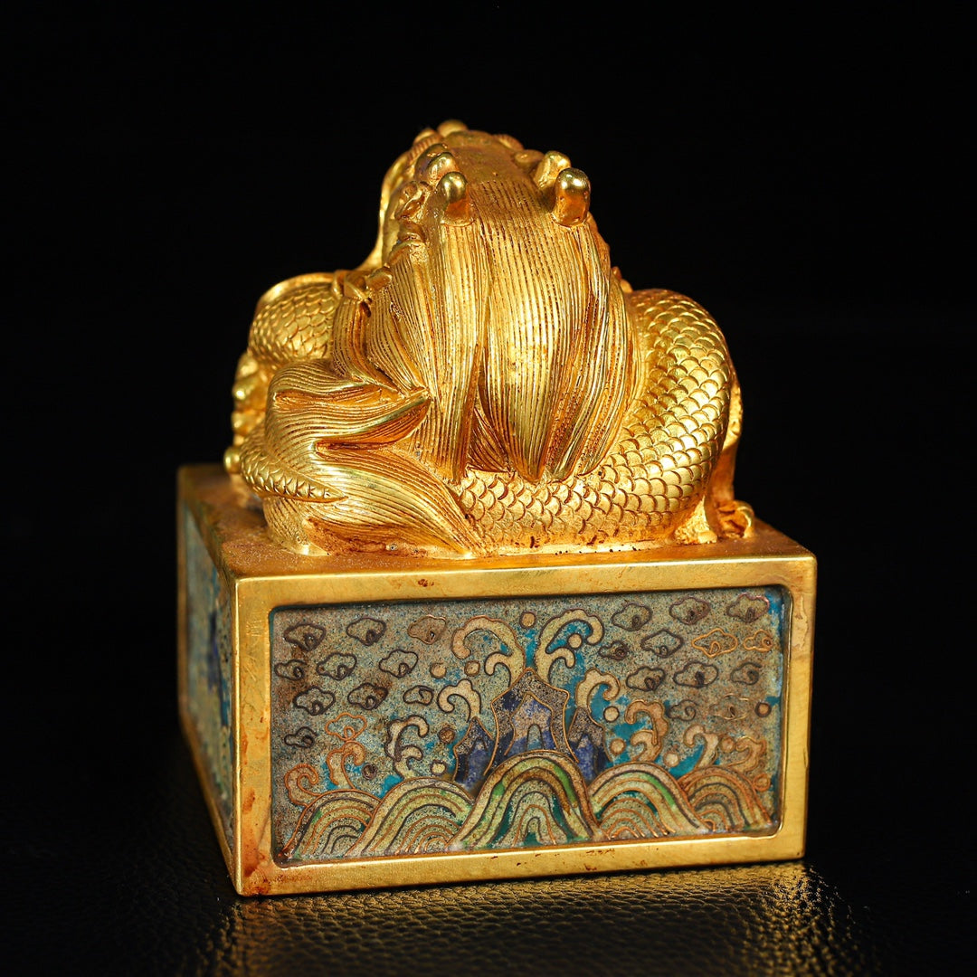 A2207 Vintage Chinese Gilt Gold Copper Cloisonne Fortune Dragon Seal