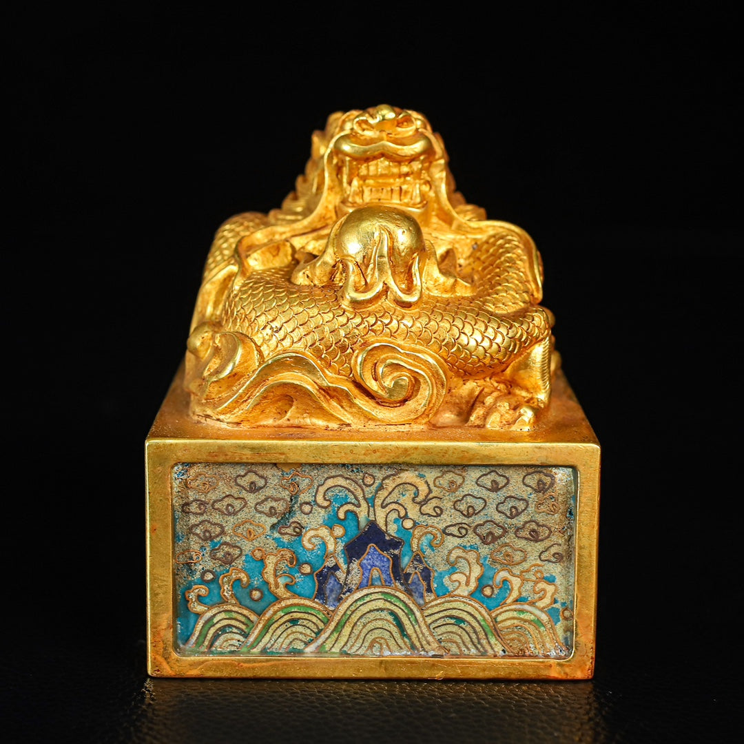 A2207 Vintage Chinese Gilt Gold Copper Cloisonne Fortune Dragon Seal