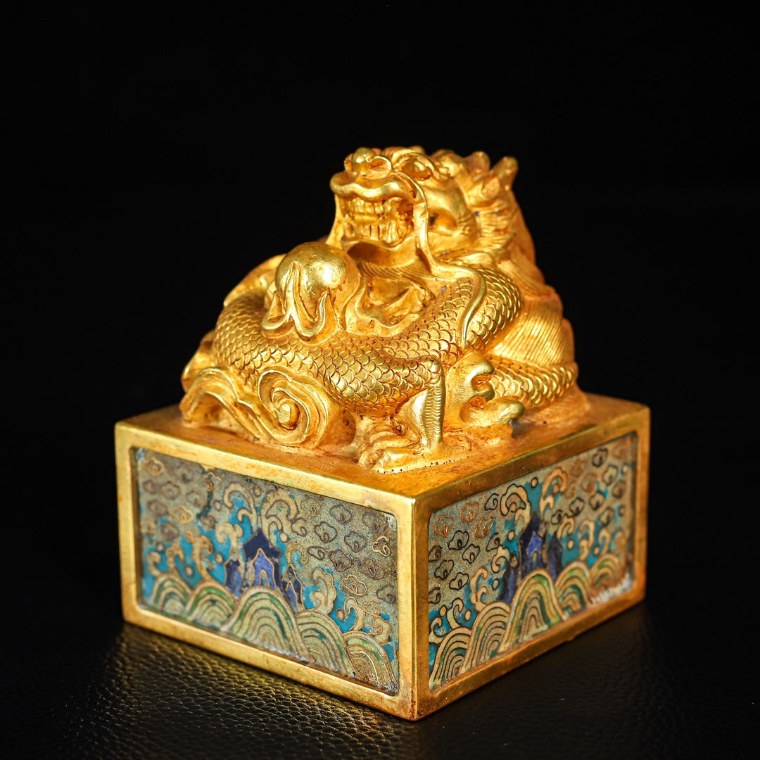 A2207 Vintage Chinese Gilt Gold Copper Cloisonne Fortune Dragon Seal