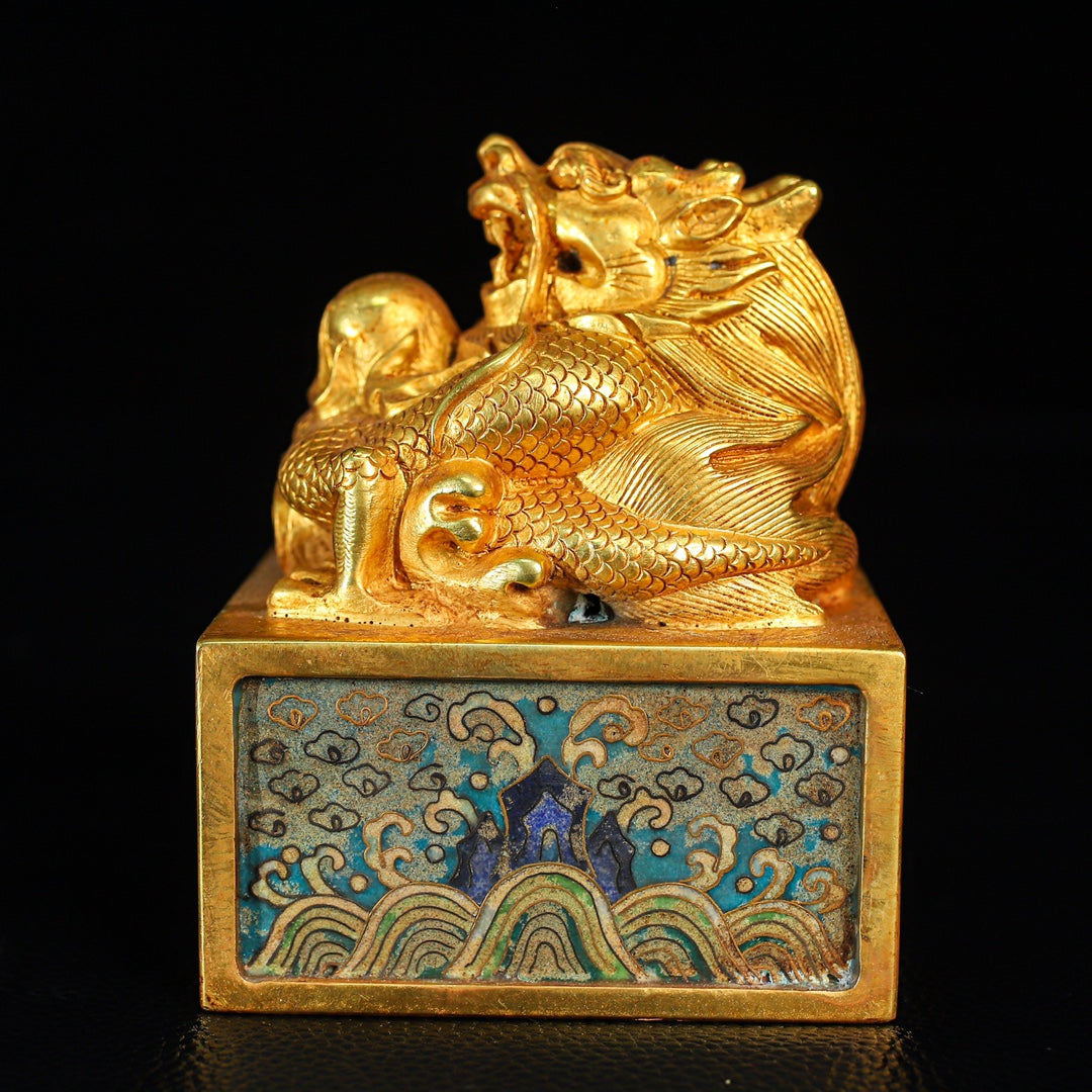 A2207 Vintage Chinese Gilt Gold Copper Cloisonne Fortune Dragon Seal