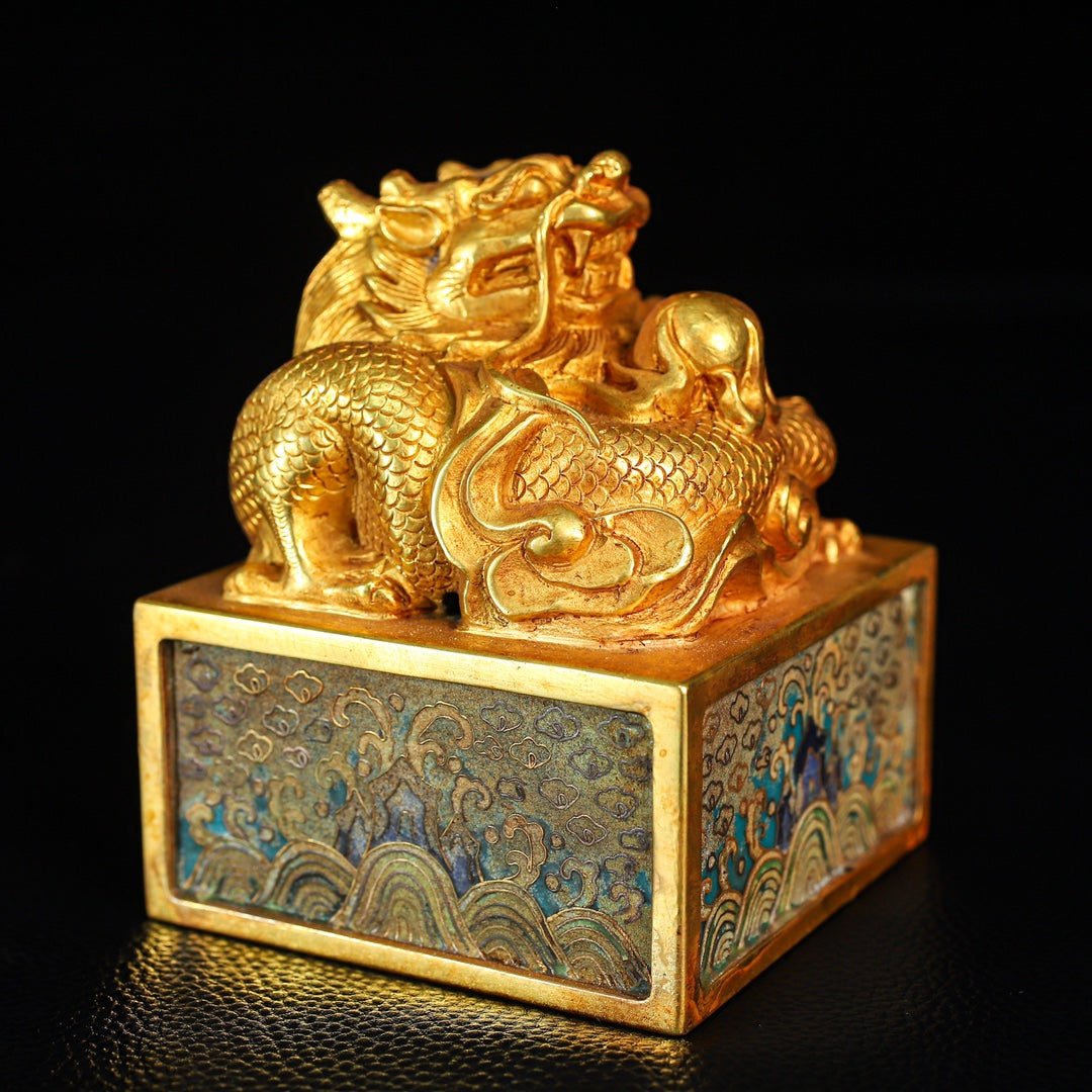 A2207 Vintage Chinese Gilt Gold Copper Cloisonne Fortune Dragon Seal
