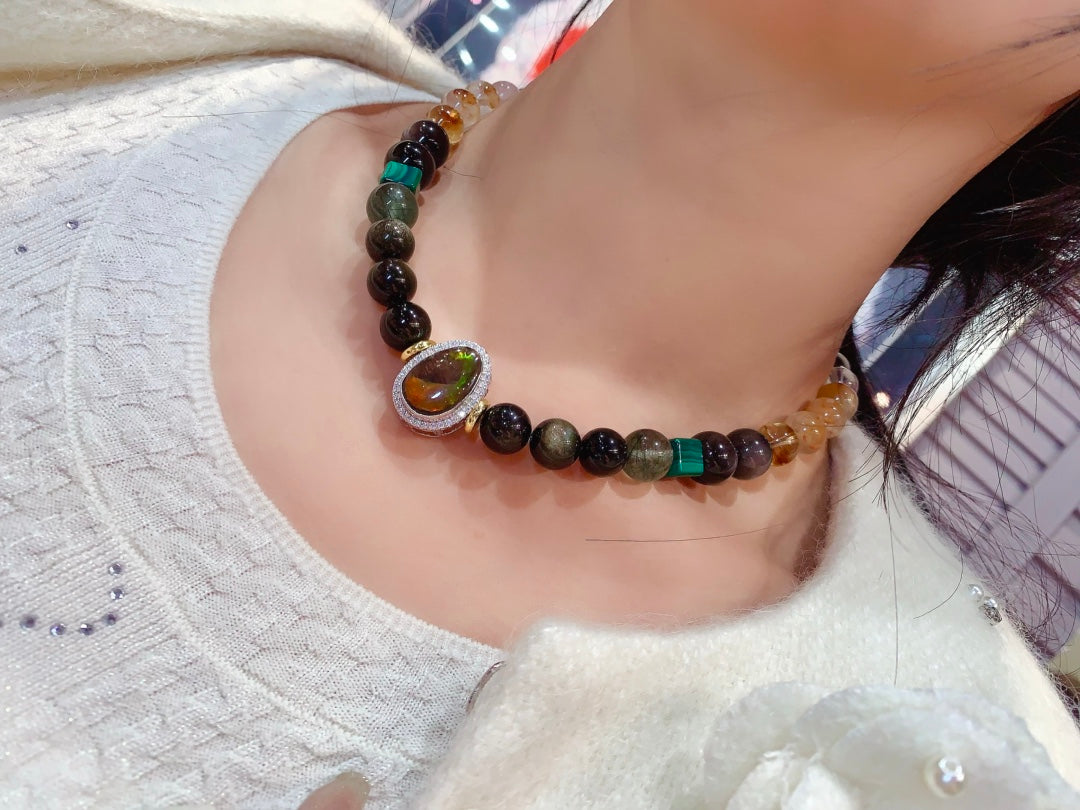 A2208 Hand Woven Beautiful Pure Silver Inlay Crystal & Malachite Beads Necklace