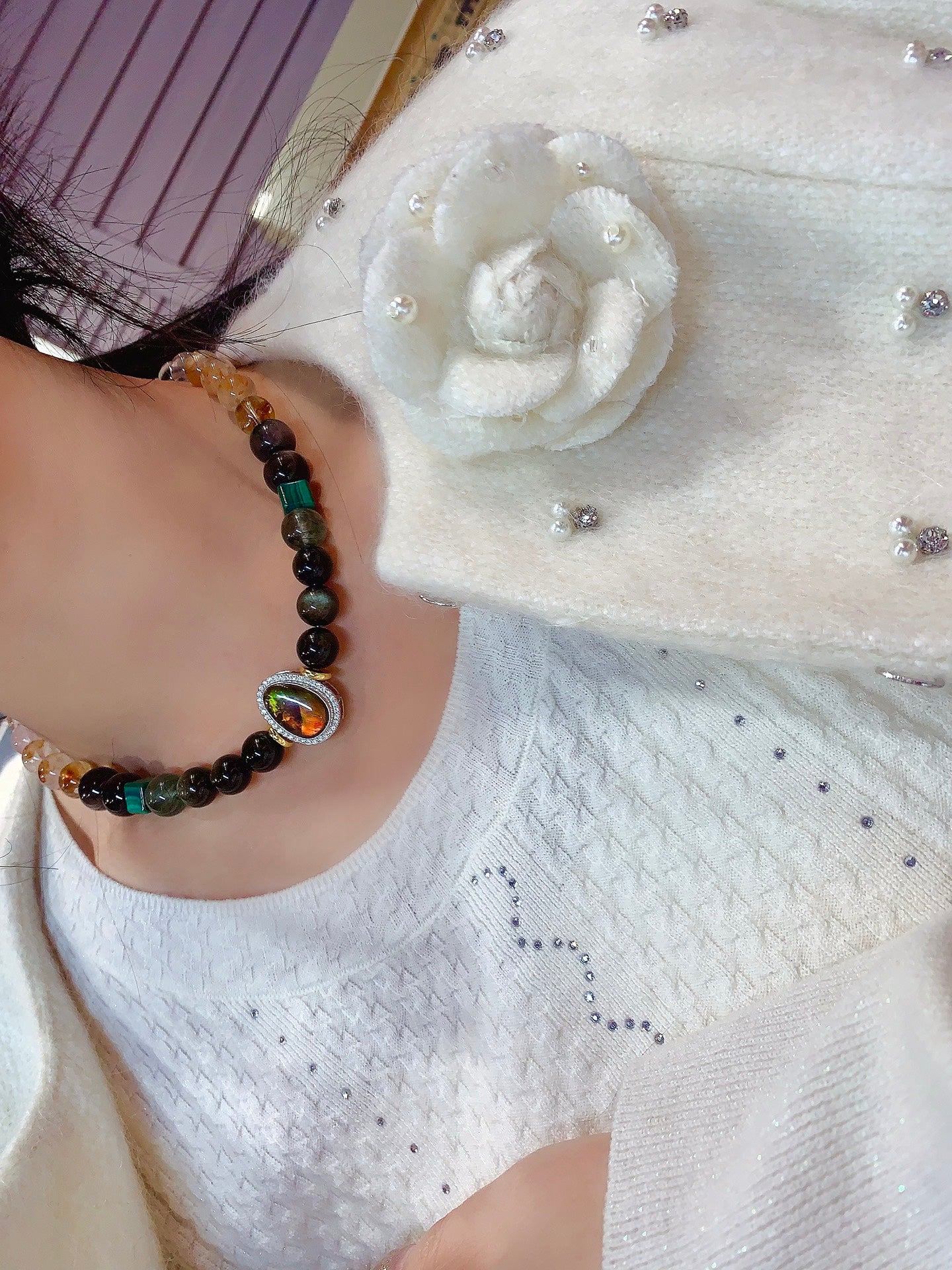 A2208 Hand Woven Beautiful Pure Silver Inlay Crystal & Malachite Beads Necklace
