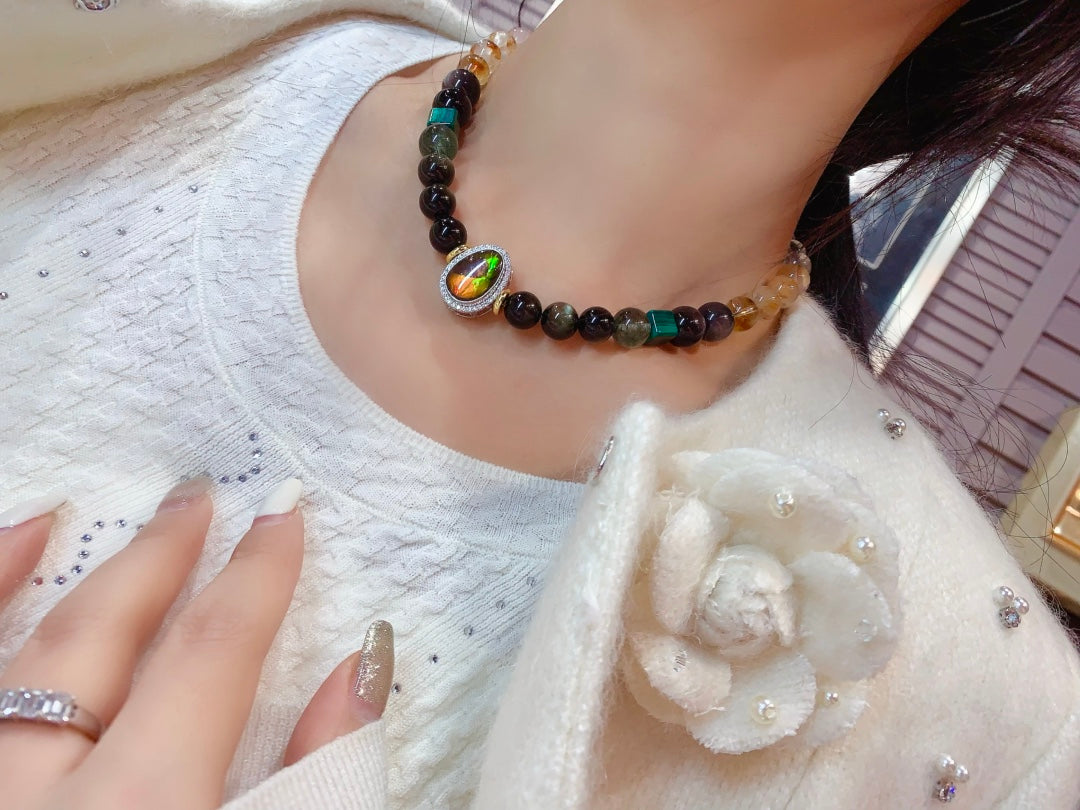 A2208 Hand Woven Beautiful Pure Silver Inlay Crystal & Malachite Beads Necklace