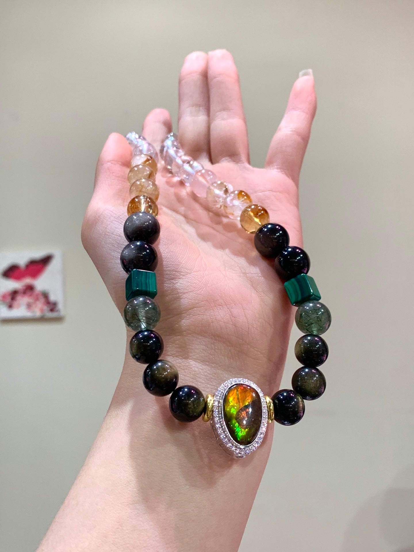 A2208 Hand Woven Beautiful Pure Silver Inlay Crystal & Malachite Beads Necklace