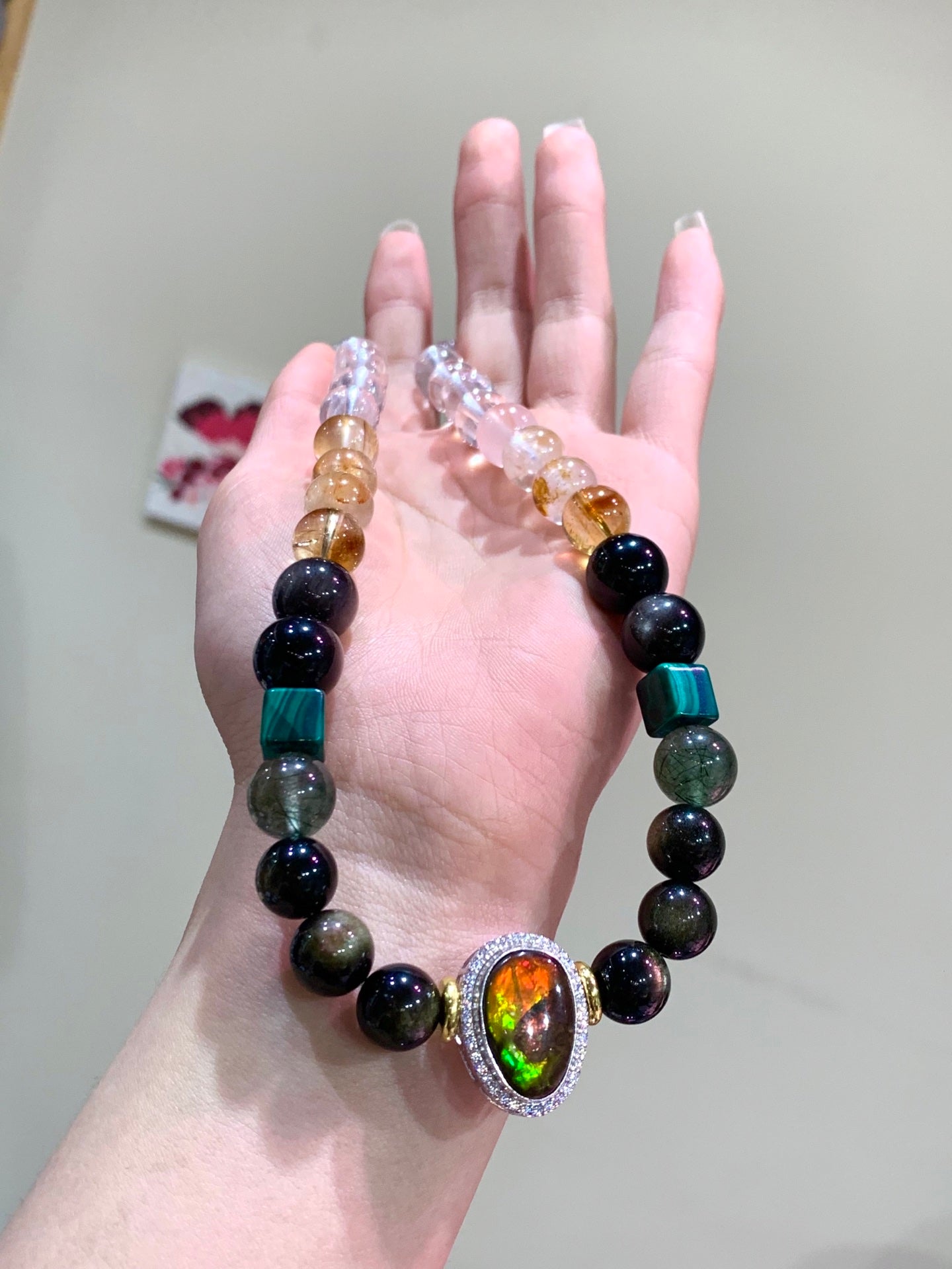 A2208 Hand Woven Beautiful Pure Silver Inlay Crystal & Malachite Beads Necklace