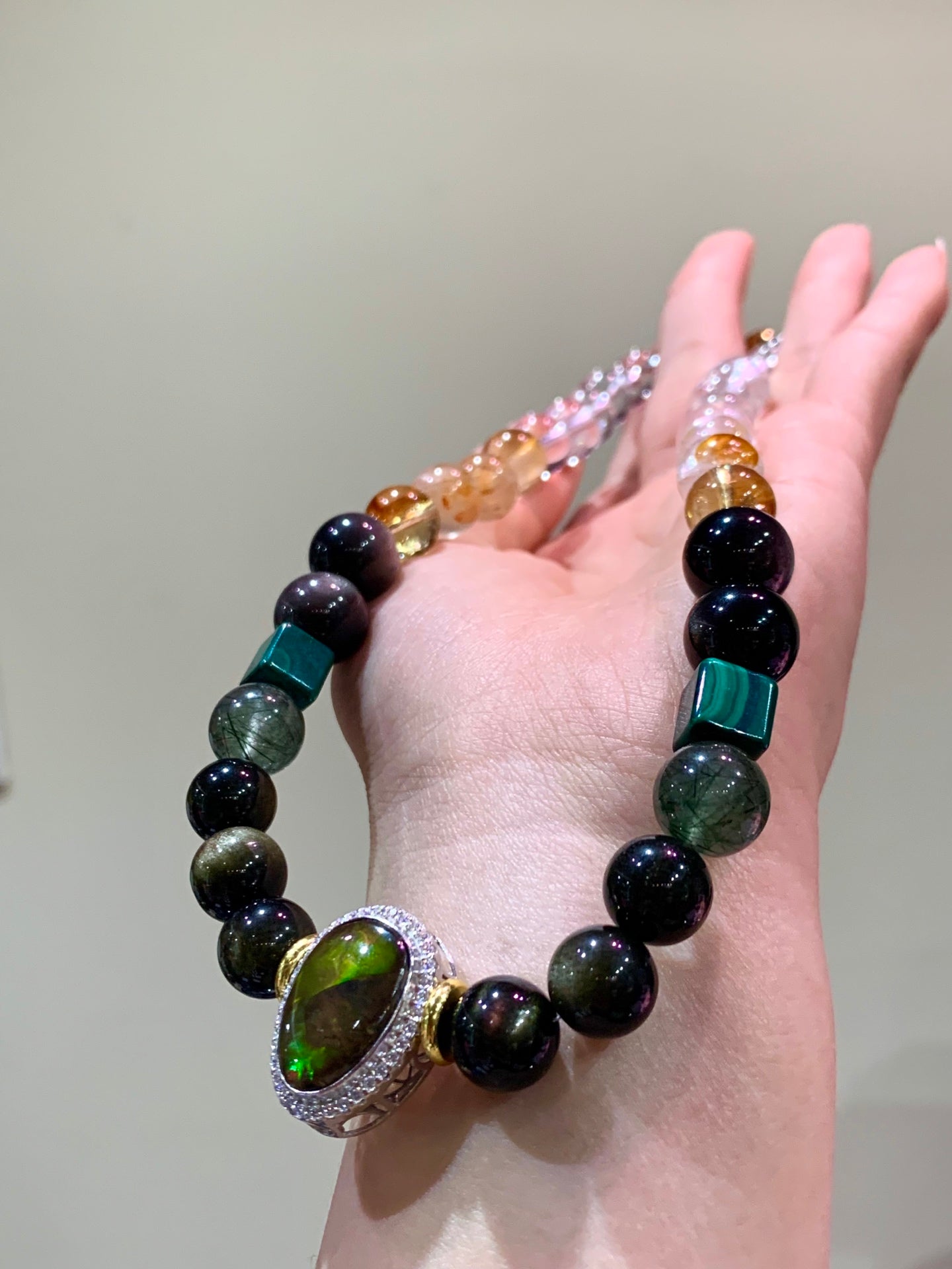 A2208 Hand Woven Beautiful Pure Silver Inlay Crystal & Malachite Beads Necklace
