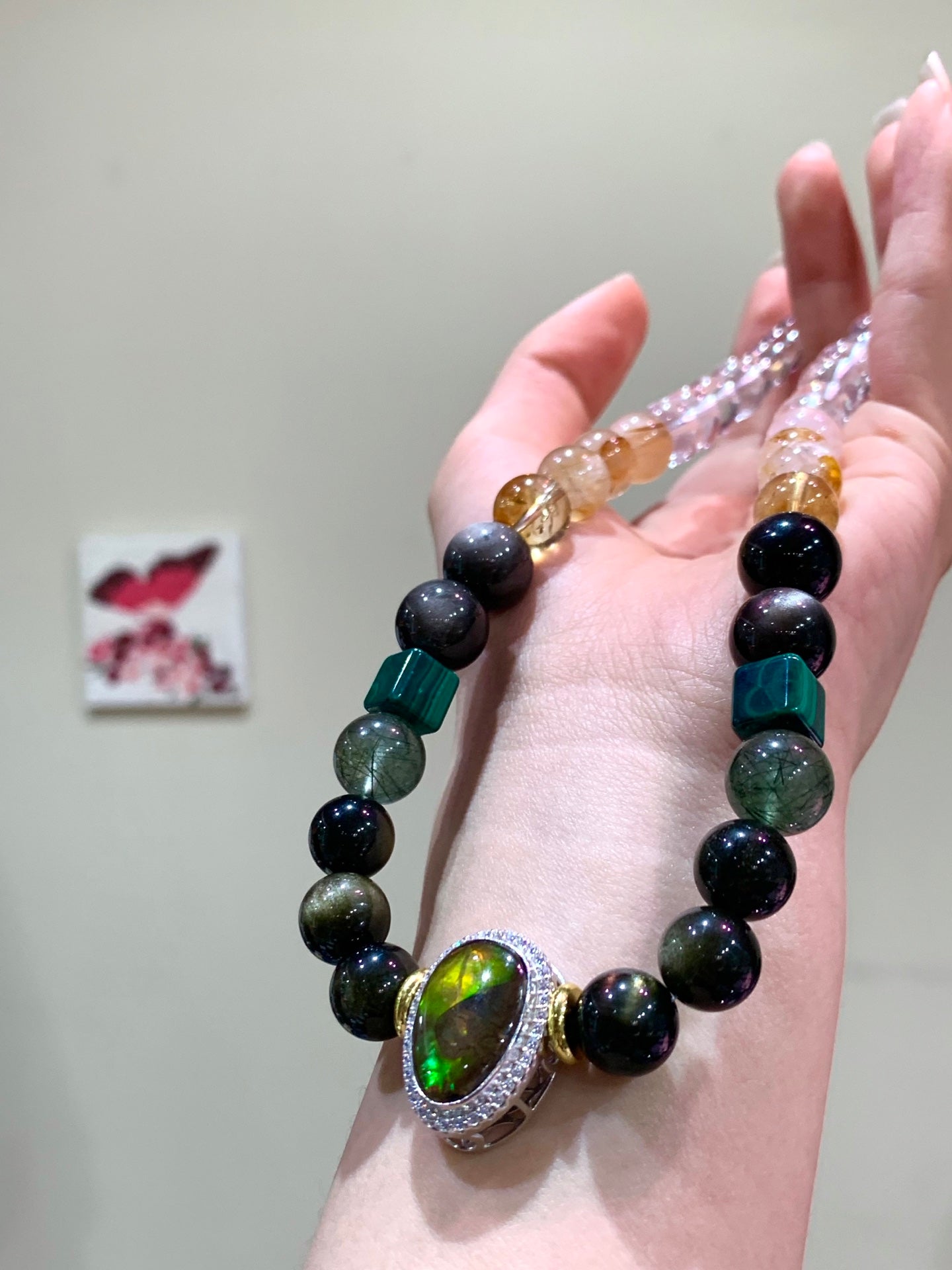 A2208 Hand Woven Beautiful Pure Silver Inlay Crystal & Malachite Beads Necklace