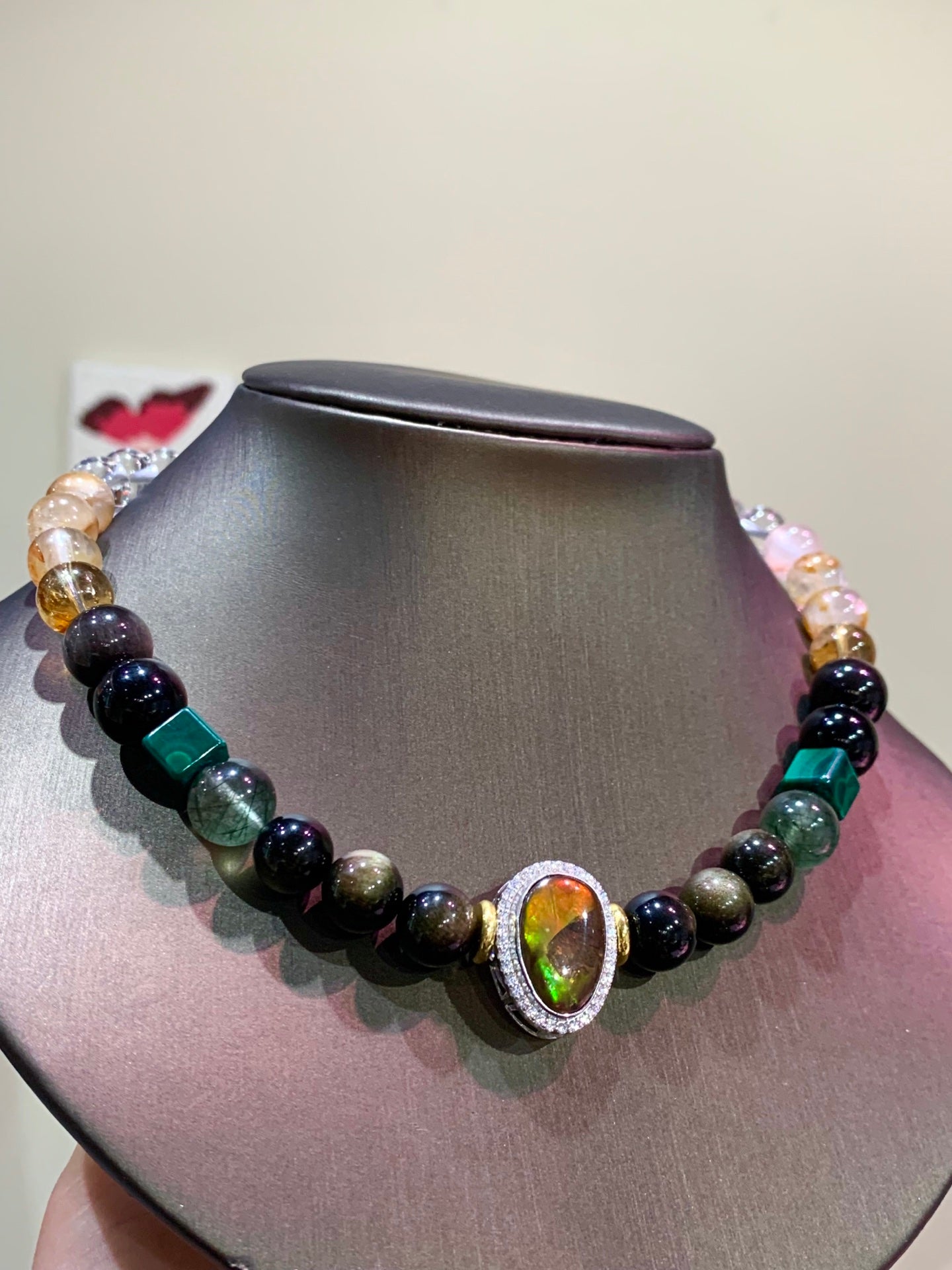A2208 Hand Woven Beautiful Pure Silver Inlay Crystal & Malachite Beads Necklace