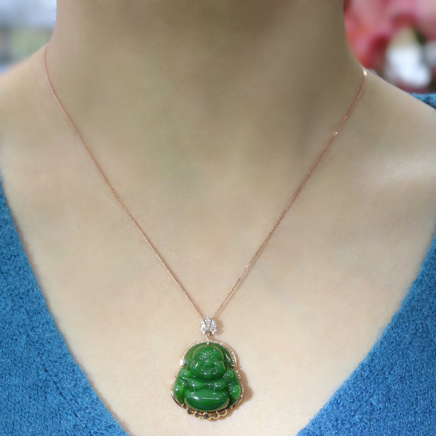 A2209 Exquisite Chinese 18K Gold Inlay Green Hetian Jade Carved Laughing Buddha Pendant