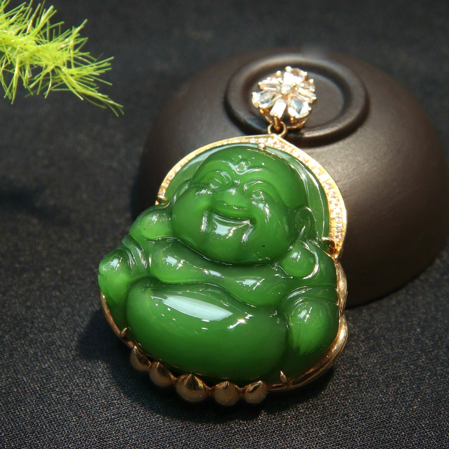A2209 Exquisite Chinese 18K Gold Inlay Green Hetian Jade Carved Laughing Buddha Pendant