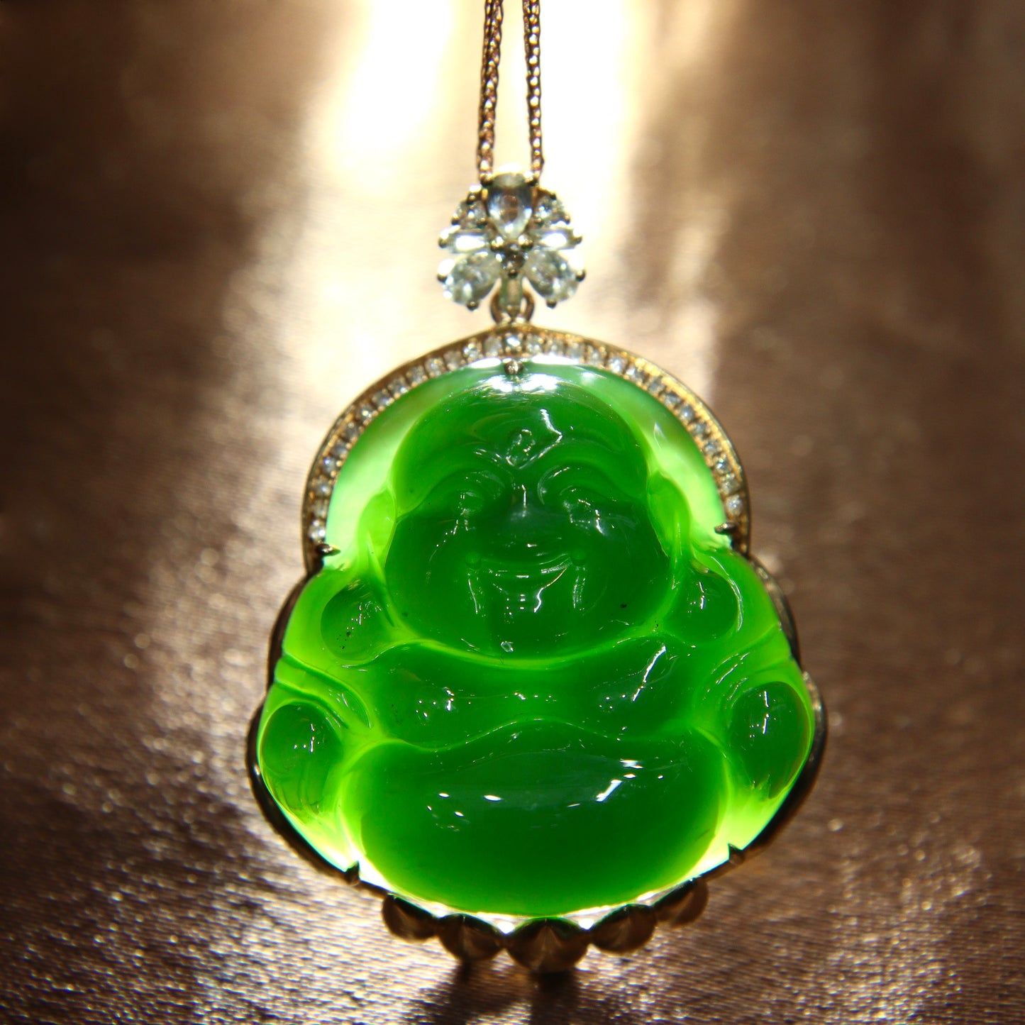 A2209 Exquisite Chinese 18K Gold Inlay Green Hetian Jade Carved Laughing Buddha Pendant