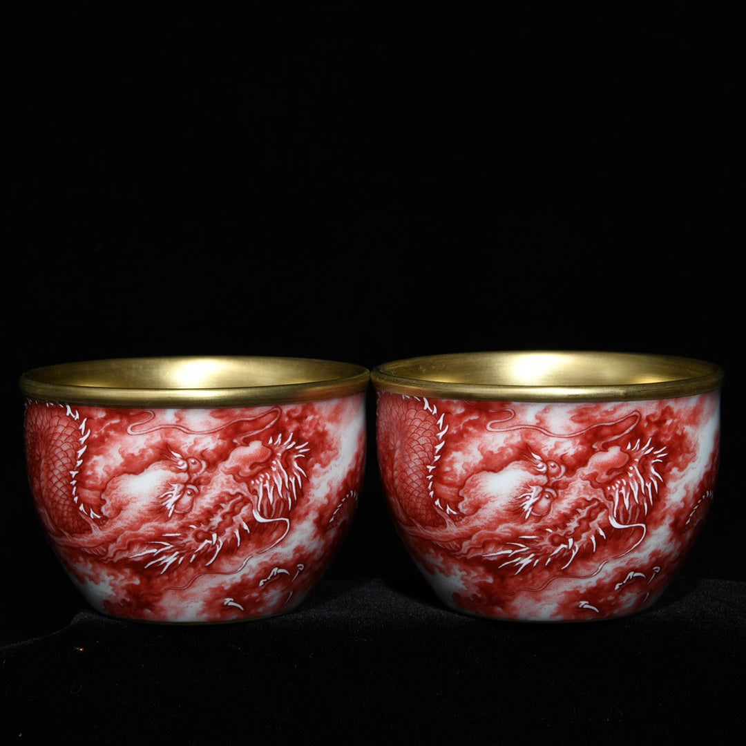 A2210 A Pair Chinese Gilt Gold Iron Red Glaze Fortune Dragon Design Porcelain Cups