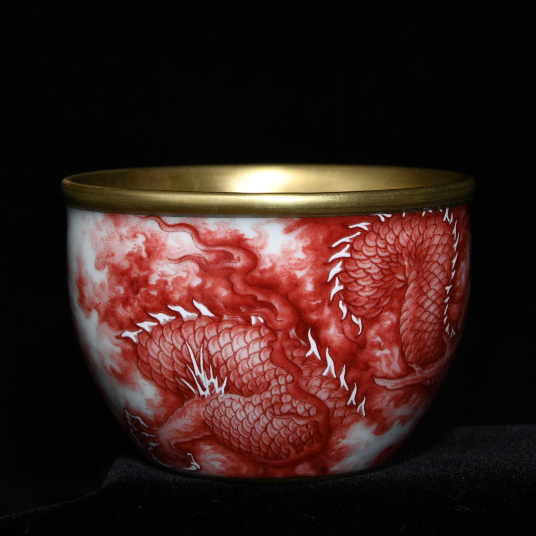 A2210 A Pair Chinese Gilt Gold Iron Red Glaze Fortune Dragon Design Porcelain Cups