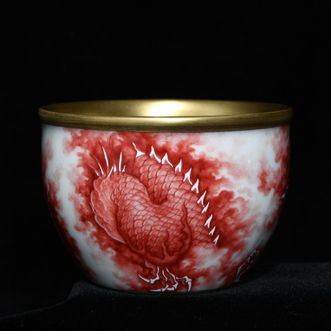 A2210 A Pair Chinese Gilt Gold Iron Red Glaze Fortune Dragon Design Porcelain Cups