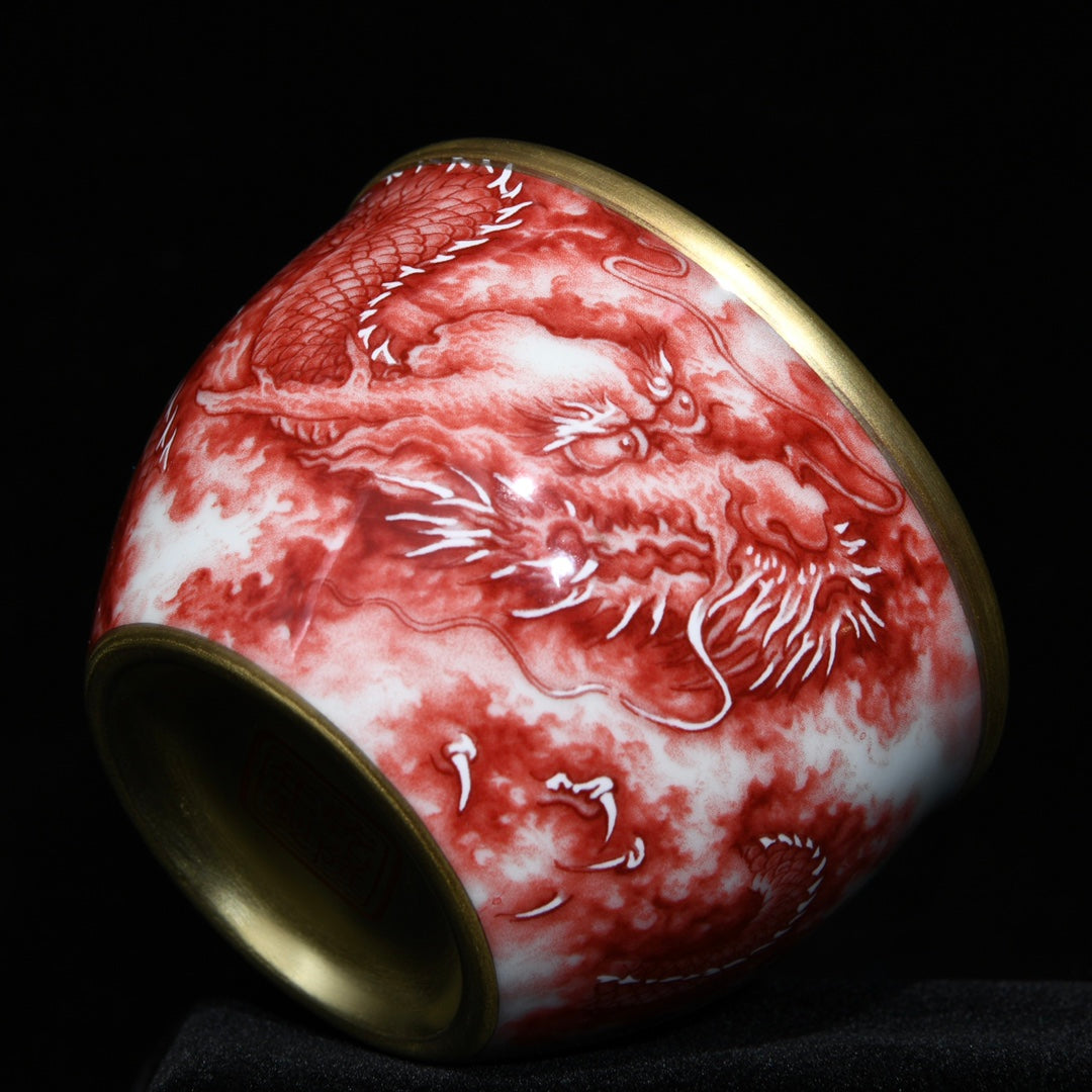 A2210 A Pair Chinese Gilt Gold Iron Red Glaze Fortune Dragon Design Porcelain Cups