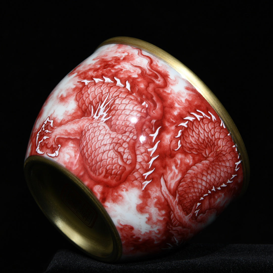A2210 A Pair Chinese Gilt Gold Iron Red Glaze Fortune Dragon Design Porcelain Cups