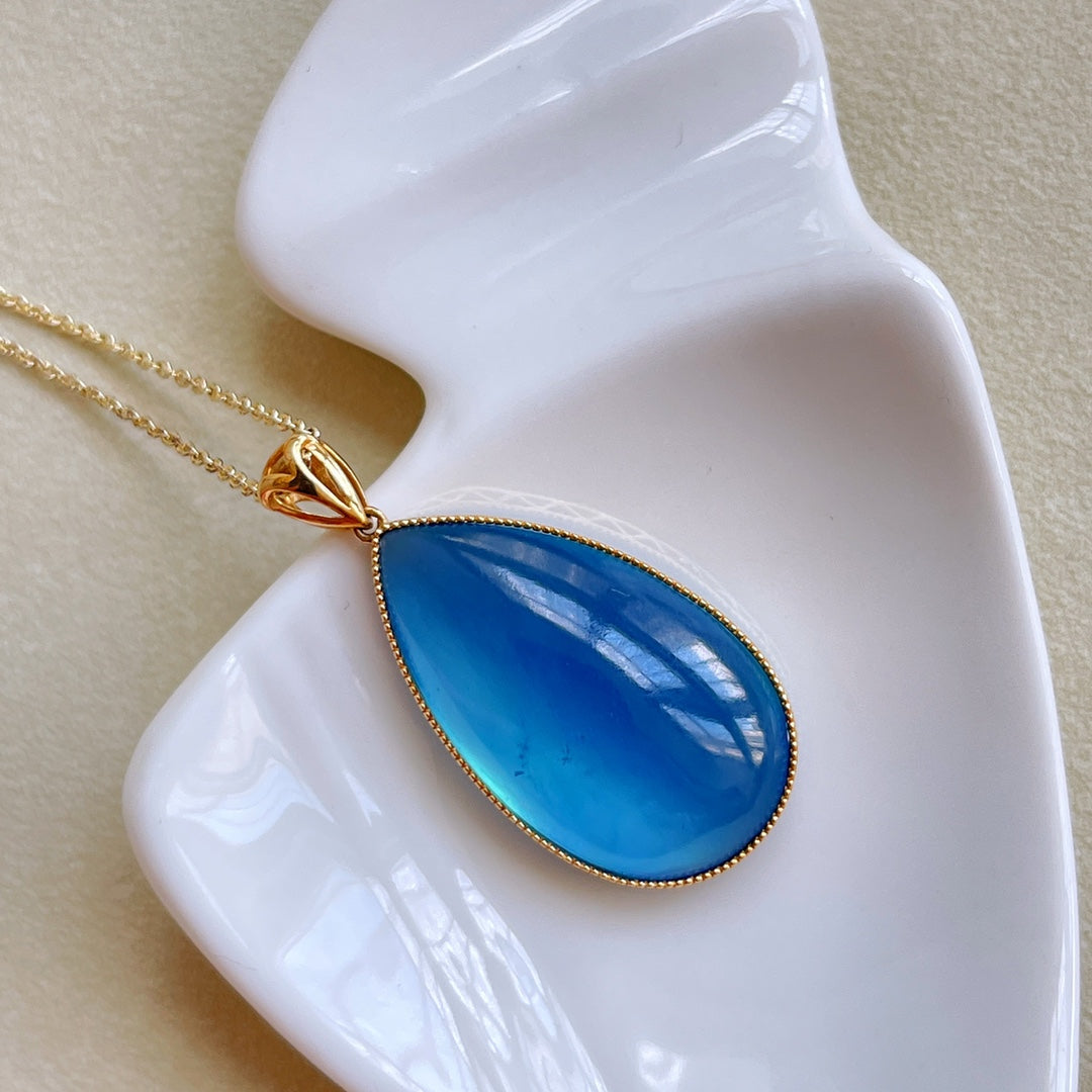 A2222 Exquisite 18K Gold Inlay Aquamarine Water Droplet Shape Pendant