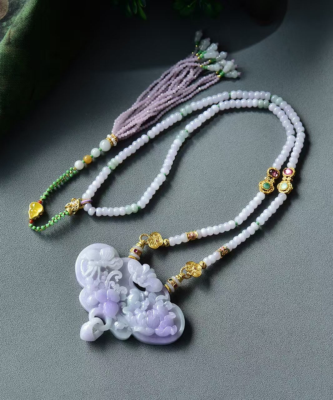 A2225 Exquisite Purple Jadeite Carved Butterfly & Peony Pendant