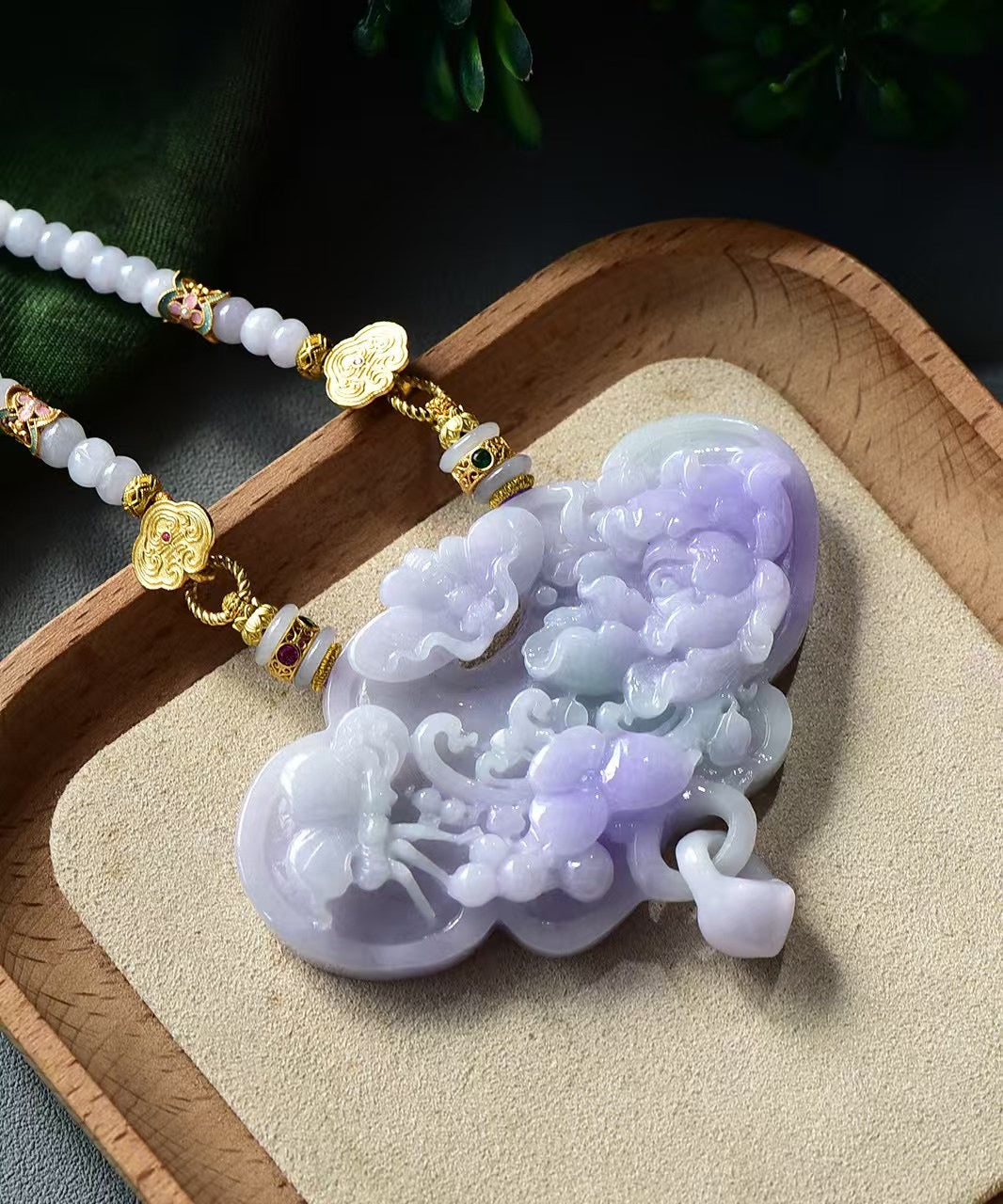 A2225 Exquisite Purple Jadeite Carved Butterfly & Peony Pendant
