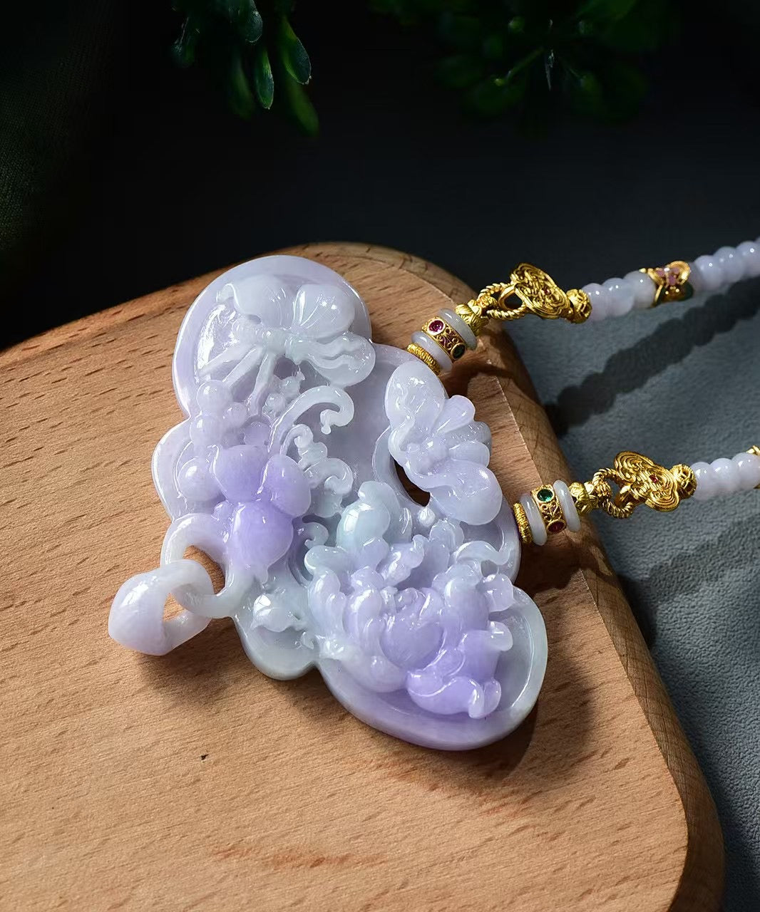 A2225 Exquisite Purple Jadeite Carved Butterfly & Peony Pendant
