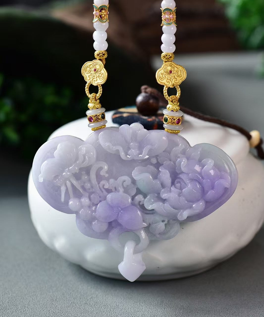 A2225 Exquisite Purple Jadeite Carved Butterfly & Peony Pendant