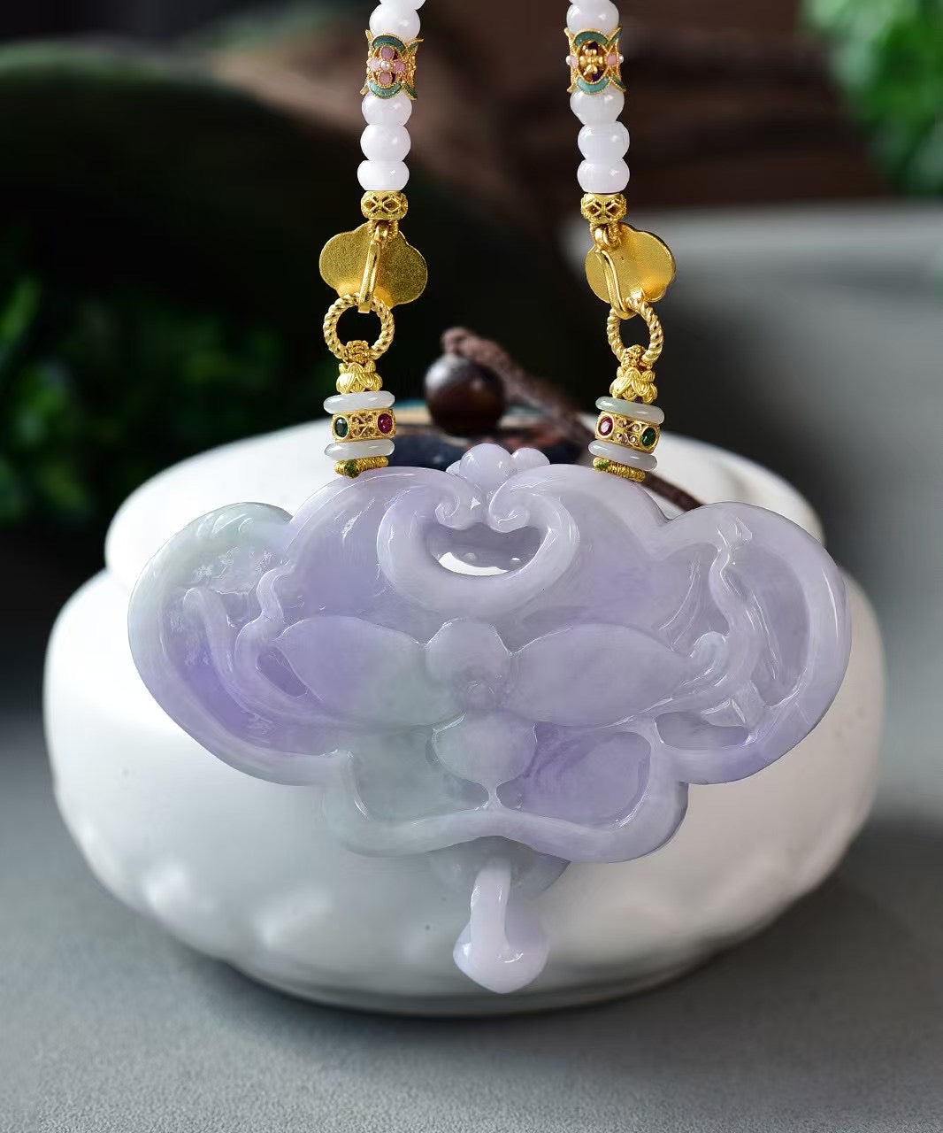A2225 Exquisite Purple Jadeite Carved Butterfly & Peony Pendant