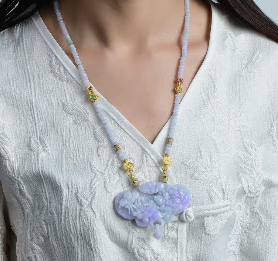 A2225 Exquisite Purple Jadeite Carved Butterfly & Peony Pendant