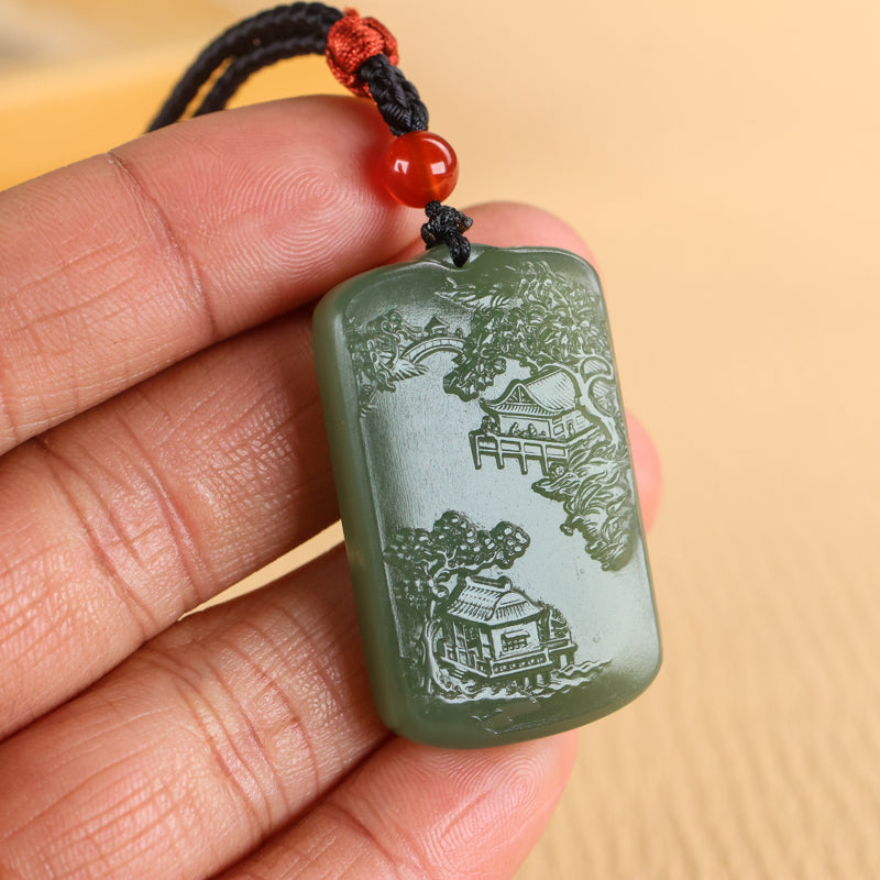 A2234 Chinese Natural Hetian Jade Low Relief Mountain River Scene Pendant