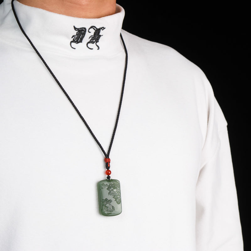 A2234 Chinese Natural Hetian Jade Low Relief Mountain River Scene Pendant